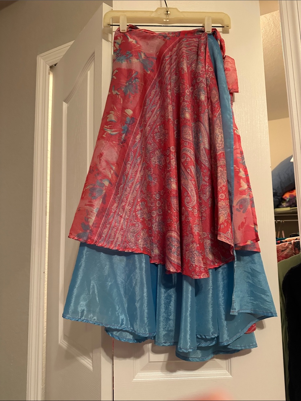 Asymmetrical Two-Tier Wrap Skirt in Pink Floral & Blue